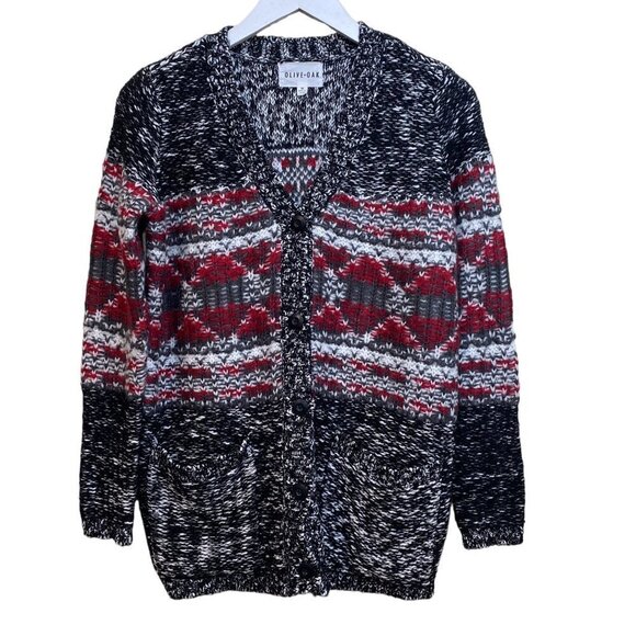 Olive & Oak Cardigan Sweater XS Black Red Anthropologie Chunky Knit - Picture 1 of 9